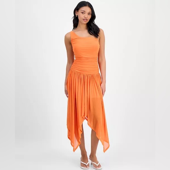 Bar III Women's One-Shoulder Handkerchief-Hem Orange Midi Dress - Picture 1 of 5